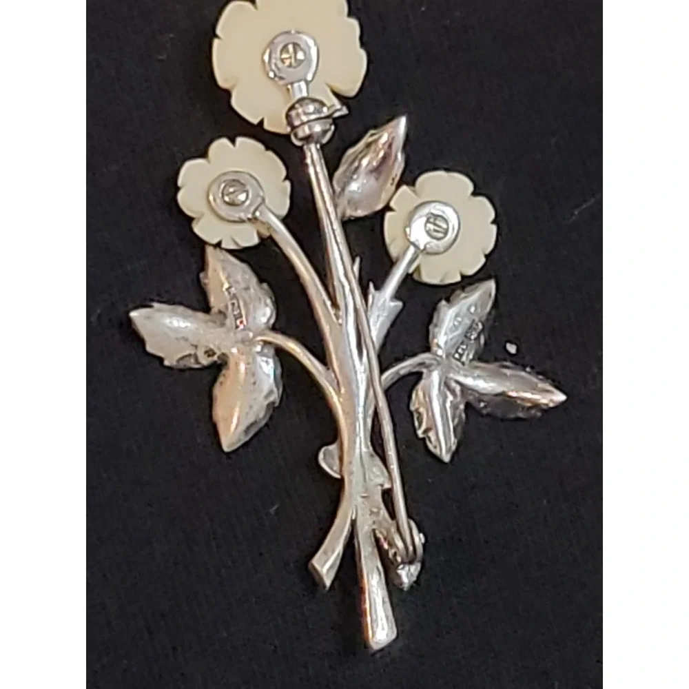 Vintage Sterling Germany Marcasite Carved Bovine Rose Flower Brooch Pin 2 1/2
